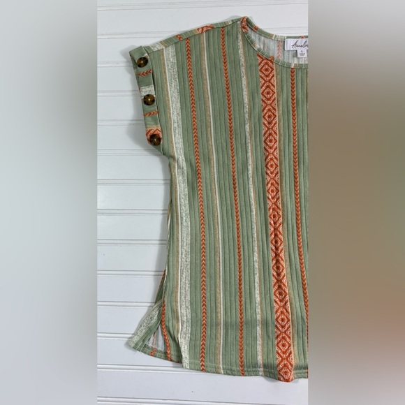 Anneliese Boho Stripe Knit Top Short Sleeve Shirt Women’s Size Small Green - Picture 9 of 15